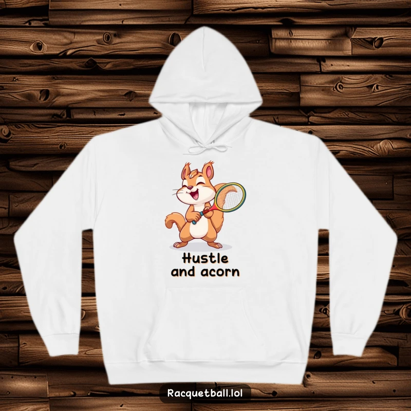 Funny squirrel tennis hoodie showing a joyful squirrel swinging a tiny racquet with immense effort.