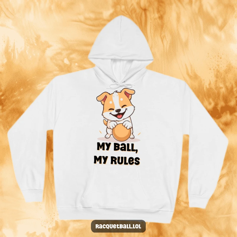 Funny hoodie featuring a dog with a determined grin hitting a ball with a playful pounce, combining comfort and humor.