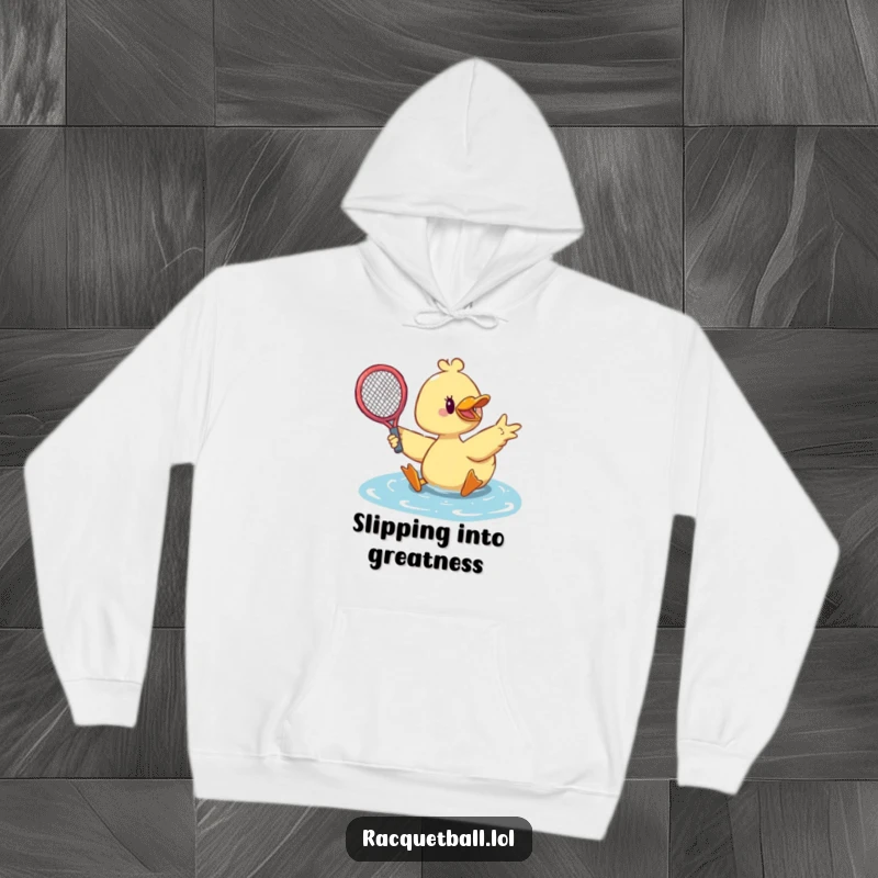 Funny duck tennis hoodie showing a cute duck sliding dramatically with a racquet outstretched to make a tennis save.