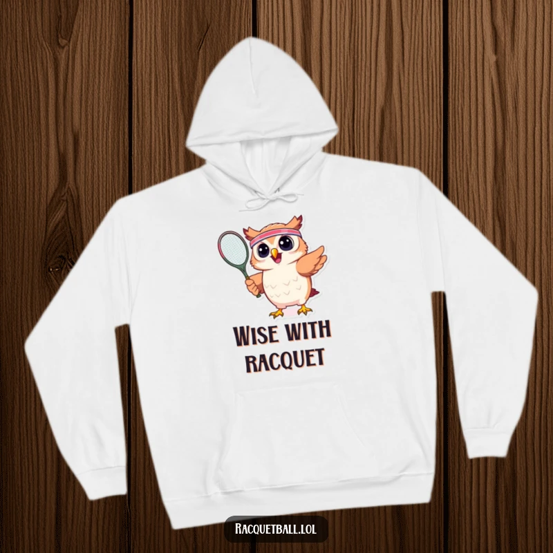 Funny hoodie featuring an enthusiastic owl wearing a headband and swinging a tennis racquet with great intensity, ready for any match.