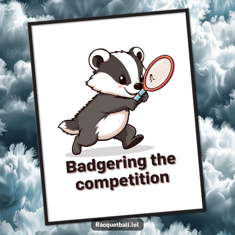 Funny Free Printable Wall Art: A determined badger lunges forward with a tennis racquet, ready to strike with style.