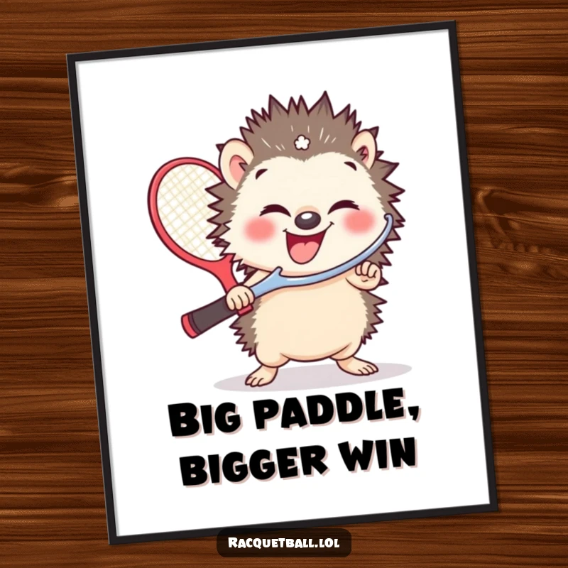 Funny Free Printable Wall Art: A small hedgehog giggling uncontrollably, wielding a comically oversized racquetball paddle.