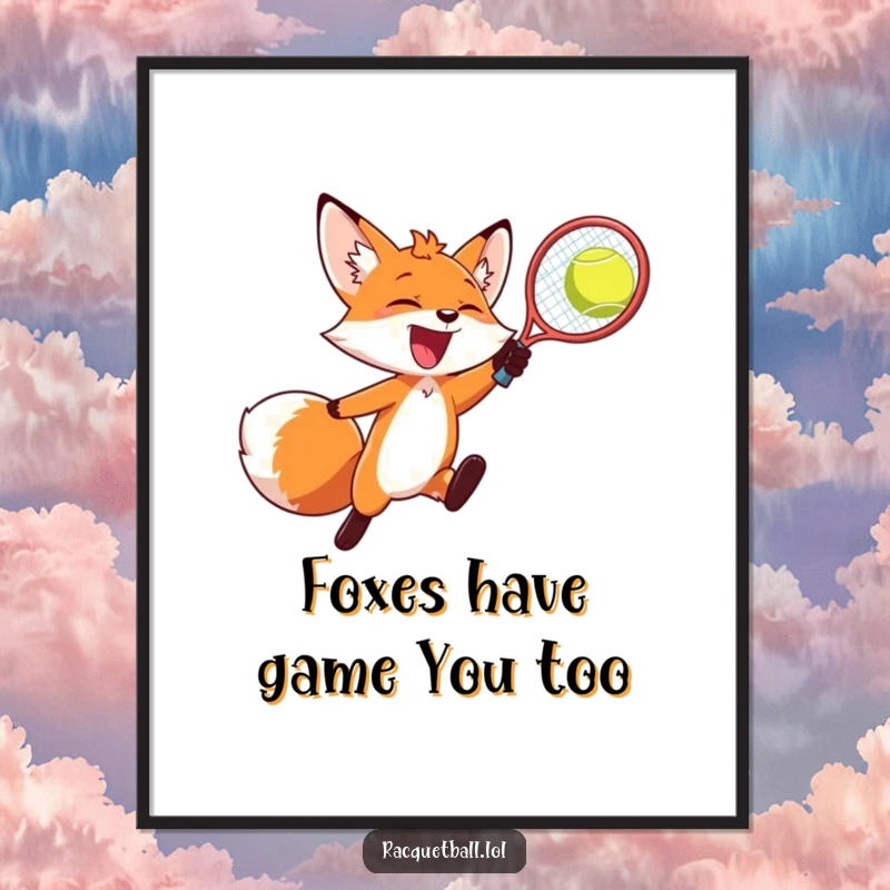 Funny free printable wall art of a joyful fox leaping mid-air to smash a racquetball.