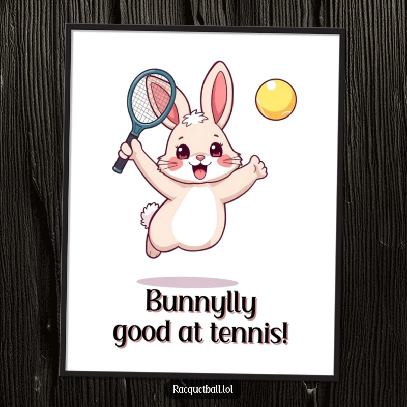 Funny Free Printable Wall Art: A fluffy rabbit leaping excitedly, racquet raised high to hit an invisible ball, full of energy.