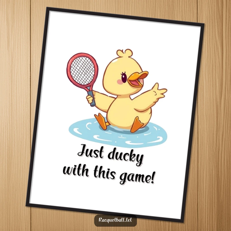 Funny Free Printable Wall Art: A cute duck sliding dramatically, racquet outstretched to make an epic save on the court.