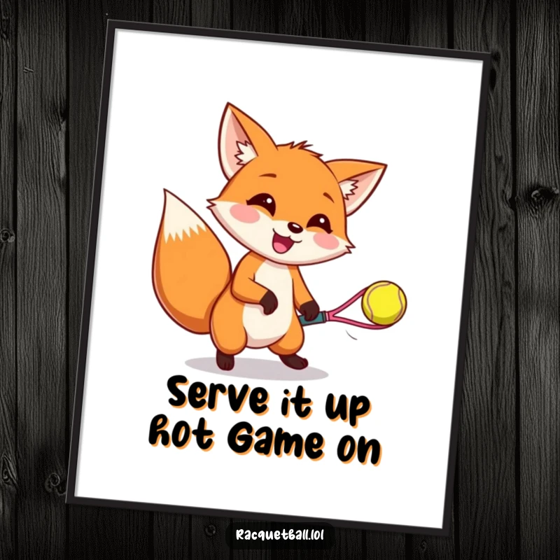 Funny Free Printable Wall Art: A happy fox with ears wiggling, catching a bouncing racquetball mid-air.