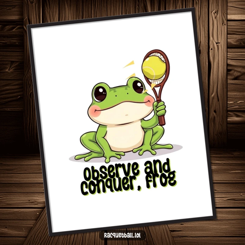 Funny Free Printable Wall Art: A cheery frog with wide, focused eyes watches a racquetball zoom past its face.