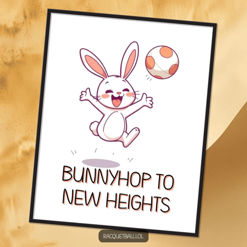 Funny Free Printable Wall Art: Cheerful bunny character in a dynamic leap, energetically hitting a floating ball with gusto.