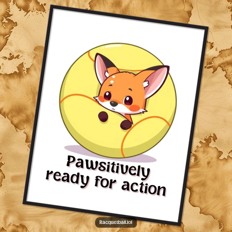 Funny Free Printable Wall Art showing a curious fox peeking from behind a giant racquetball, ready to pounce with humorous energy for your decor.