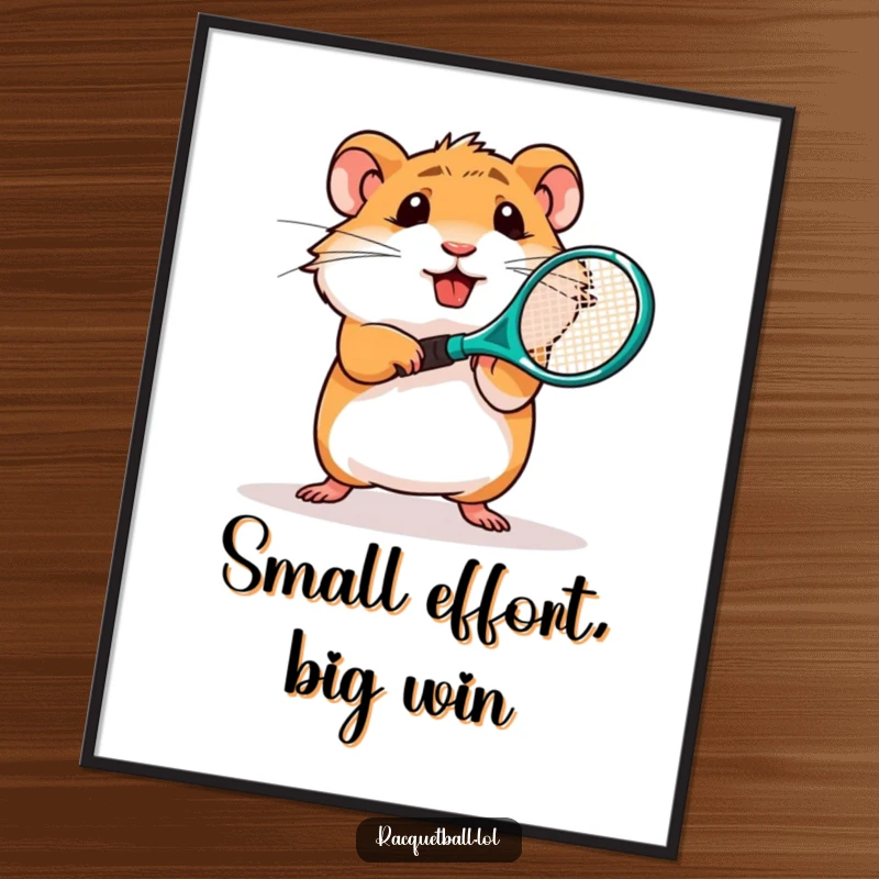 Funny Free Printable Wall Art: Determined hamster character in mid-swing with a miniature tennis racquet, ready for action.