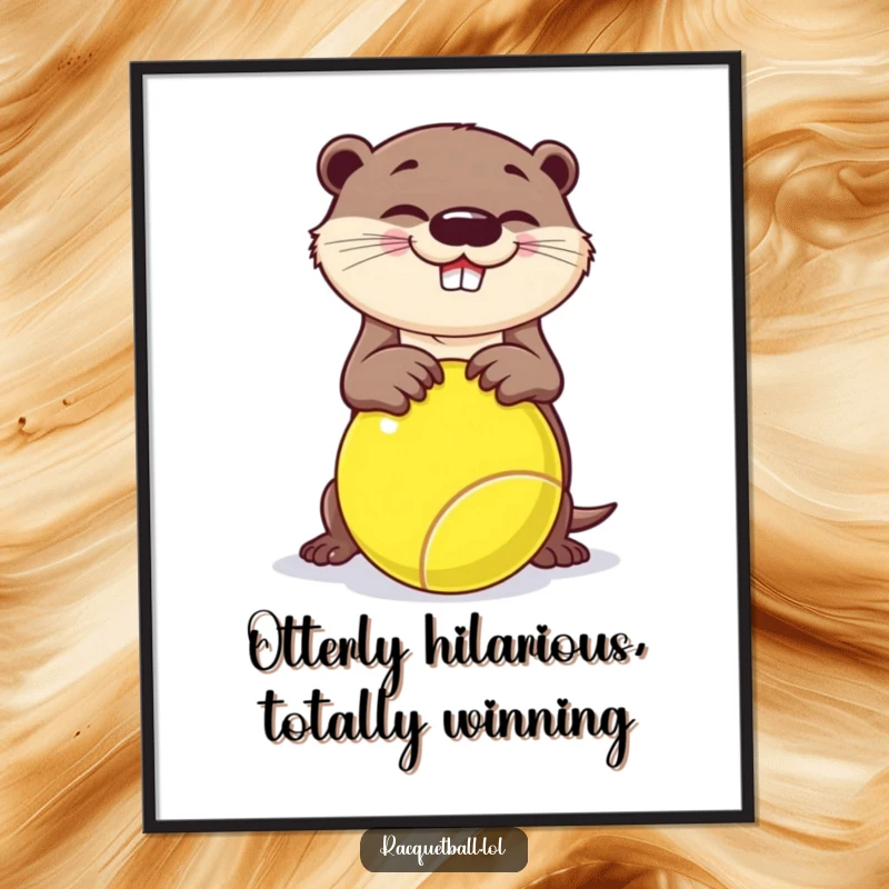 Funny free printable wall art depicting a smiling otter comically tripping over a giant racquetball.