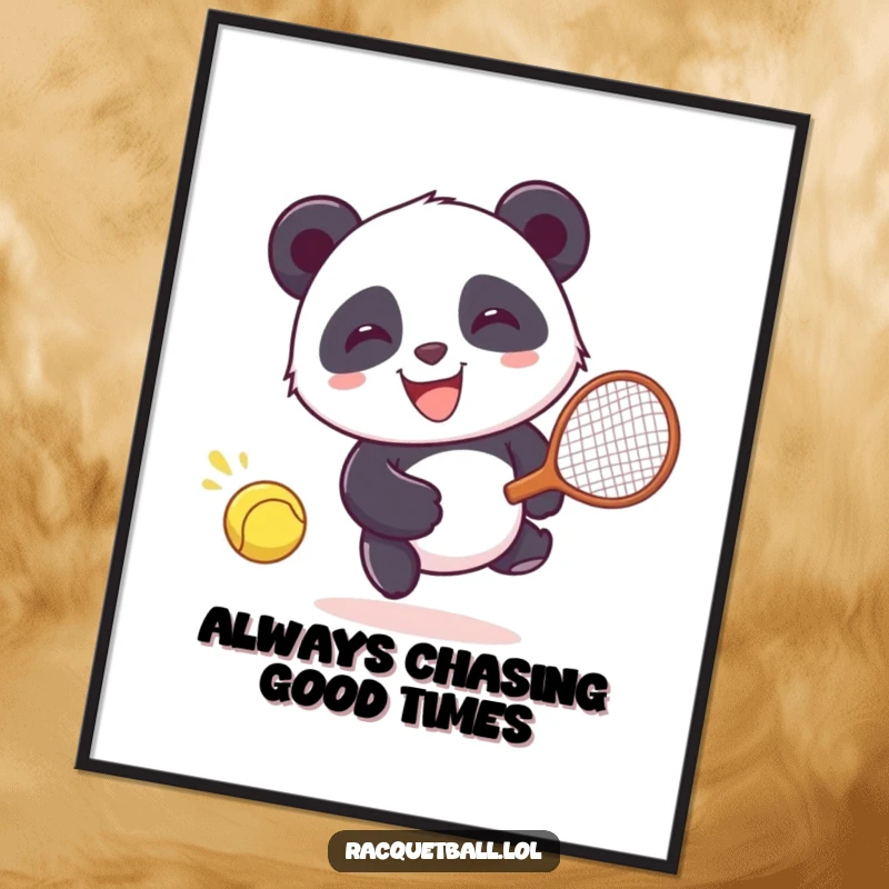 Funny Free Printable wall art of a giggling panda gleefully chasing a fast-moving, runaway racquetball.