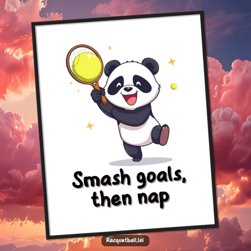 Funny Free Printable Wall Art: Panda aggressively smashing a racquetball against a wall with pure, unadulterated glee and power.