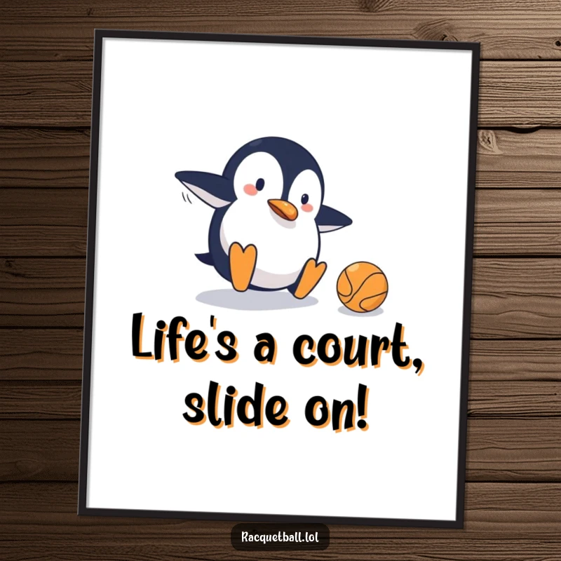 Funny Free Printable Wall Art: A clumsy penguin slides on a court, comically missing the ball in a funny way.