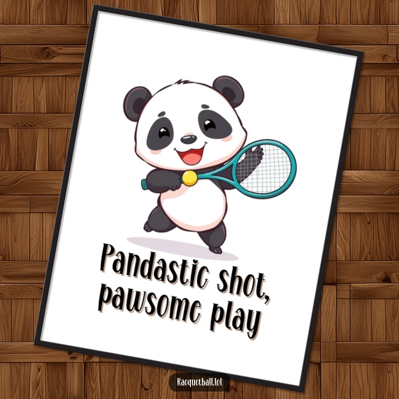 Funny Free Printable Wall Art: A joyful panda humorously wields an oversized tennis racquet against a tiny ball, perfect for playful decor.
