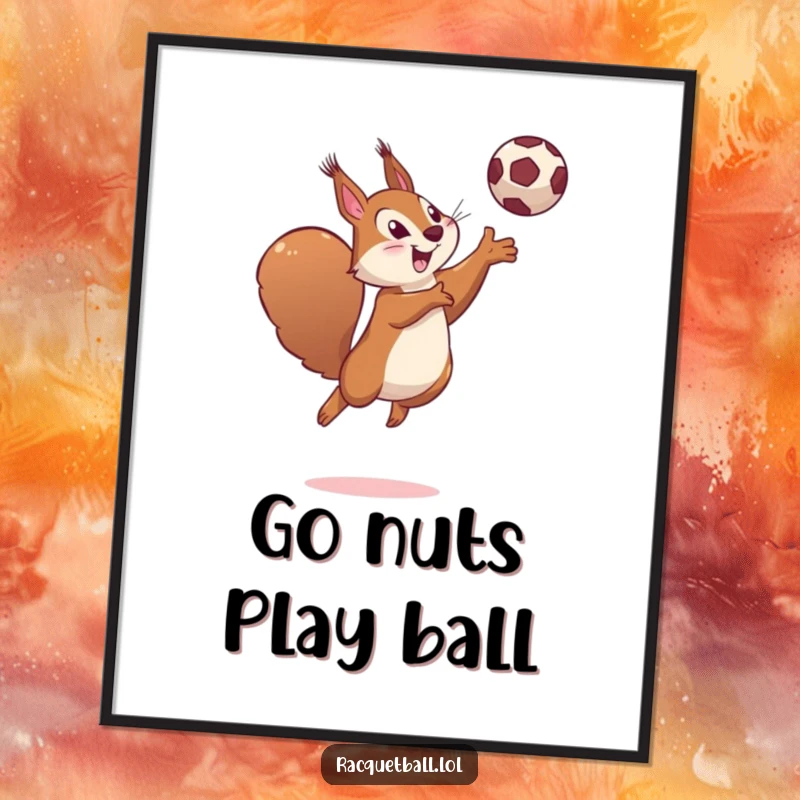 Funny Free Printable Wall Art: Determined squirrel leaps high, hitting a ball with a playful smile, a fun and energetic decoration.