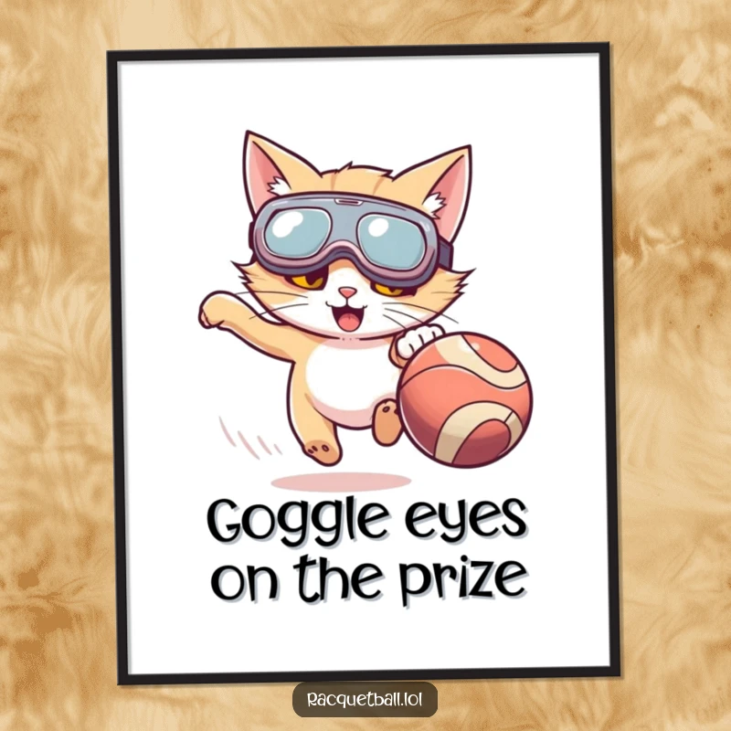 Funny Free Printable Wall Art: A cat wearing comically large goggles, intensely chasing a blur of a ball, full of playful energy.