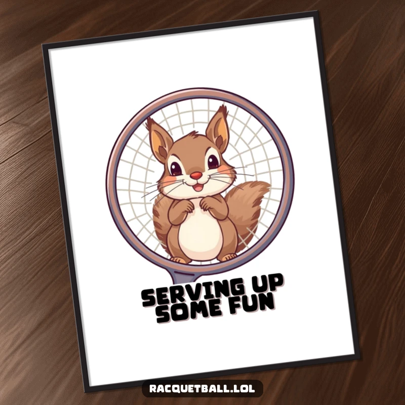 Funny Free Printable Wall Art: A playful squirrel peeking through a large racquet frame, whimsical and humorous downloadable decor.