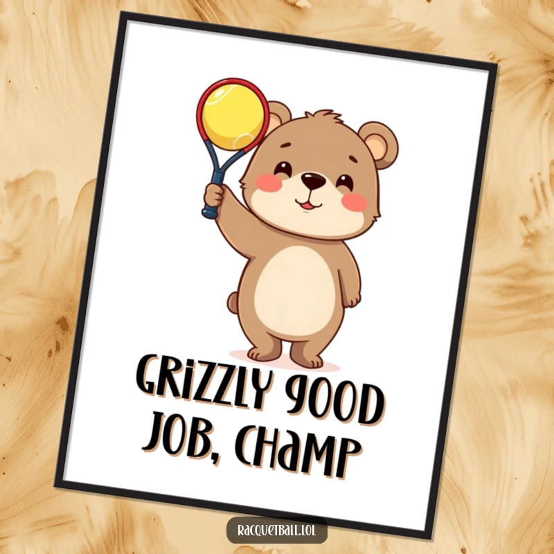 Funny Free Printable wall art of a curious bear triumphantly holding up a ridiculously tiny racquetball.