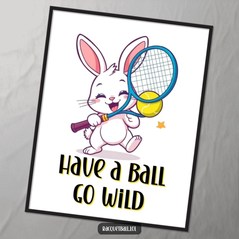 Funny Free Printable Wall Art: Cheerful bunny enthusiastically smashes a colorful racquetball, a dynamic and funny decoration.