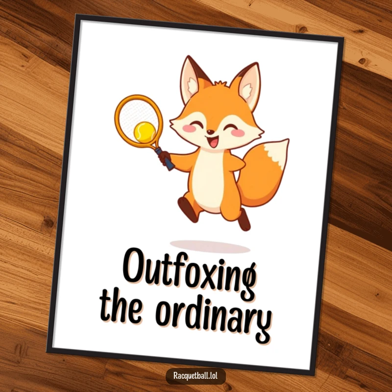 Funny Free Printable Wall Art: Cheerful fox in mid-leap, about to strike a bright yellow ball with a tiny racquet, full of dynamic energy.