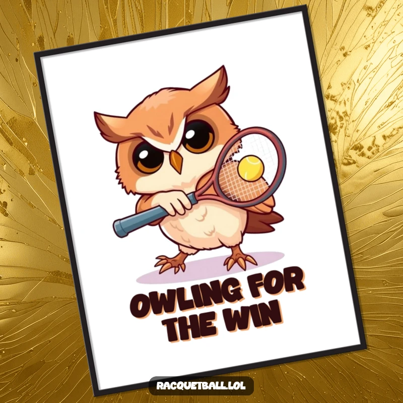 Funny Free Printable Owl Racquetball Wall Art, a determined owl in mid-swing, aiming for a fast ball. Athletic and humorous.