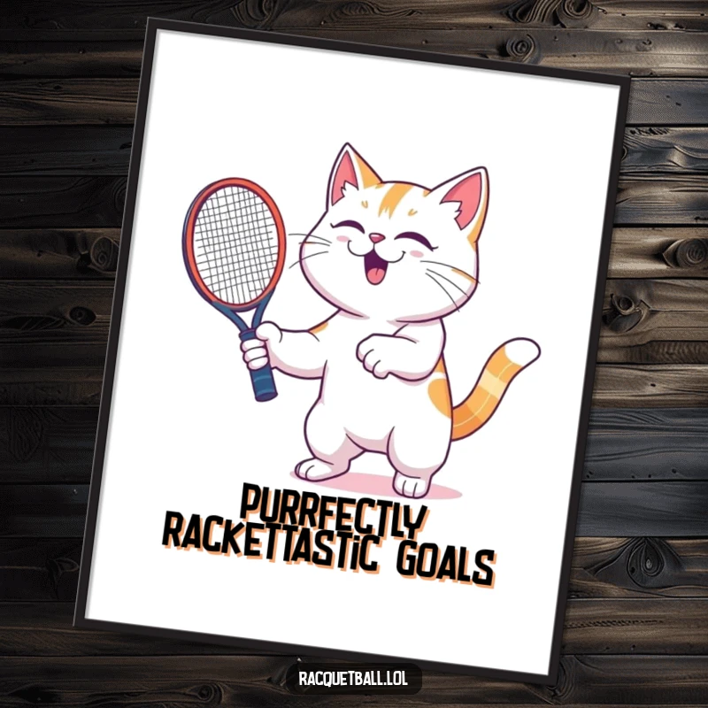 Funny Free Printable Wall Art: A joyful cat vigorously shaking a racquetboard, radiating pure, unadulterated glee.