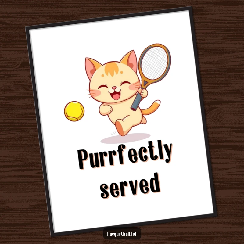 Funny Free Printable Wall Art: Happy cat energetically playing tennis with a ball and racquet, pure playful joy.