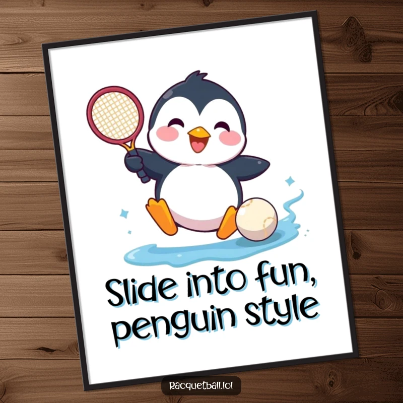 Funny Free Printable Wall Art: A joyful penguin comically slides into a ball, racquet nearby, bringing a hilarious touch to decor.