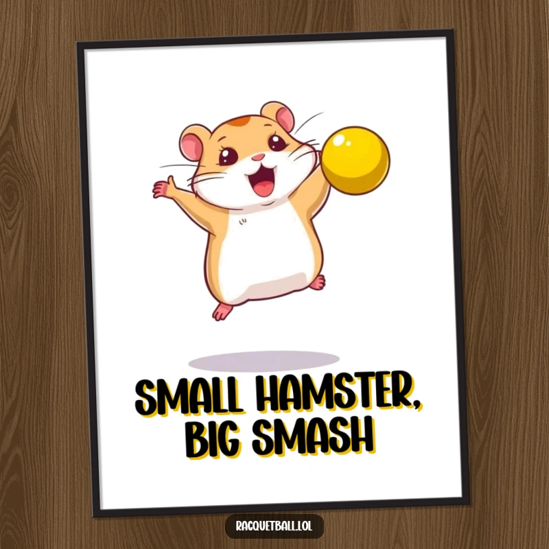 Funny Free Printable Wall Art: A determined hamster leaps dramatically to smash a bright yellow ball, adding energetic humor to decor.