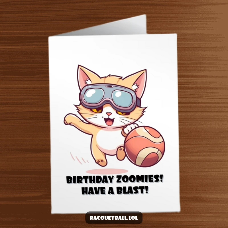 Funny Free Printable Birthday Card: A cat wearing oversized goggles, playfully chasing a fast ball, ideal for a humorous birthday wish.