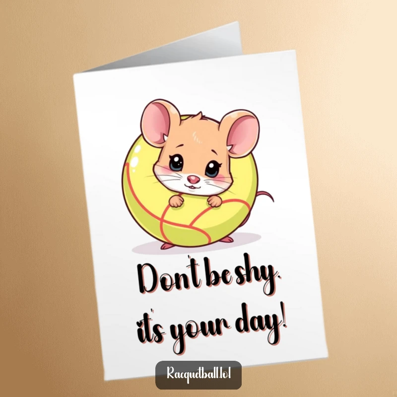 Funny Free Printable Birthday Card: A shy mouse nervously peeks from behind a racquetball, wishing you a happy birthday.