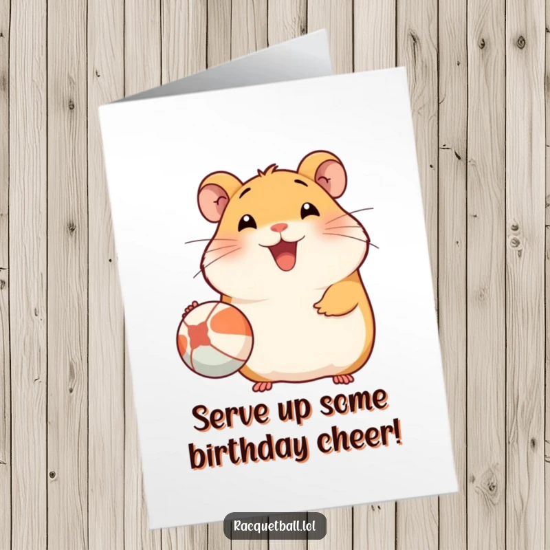 Funny Free Printable Birthday Card: Joyful hamster grinning widely, playfully serving a tennis ball, wishing a happy birthday.