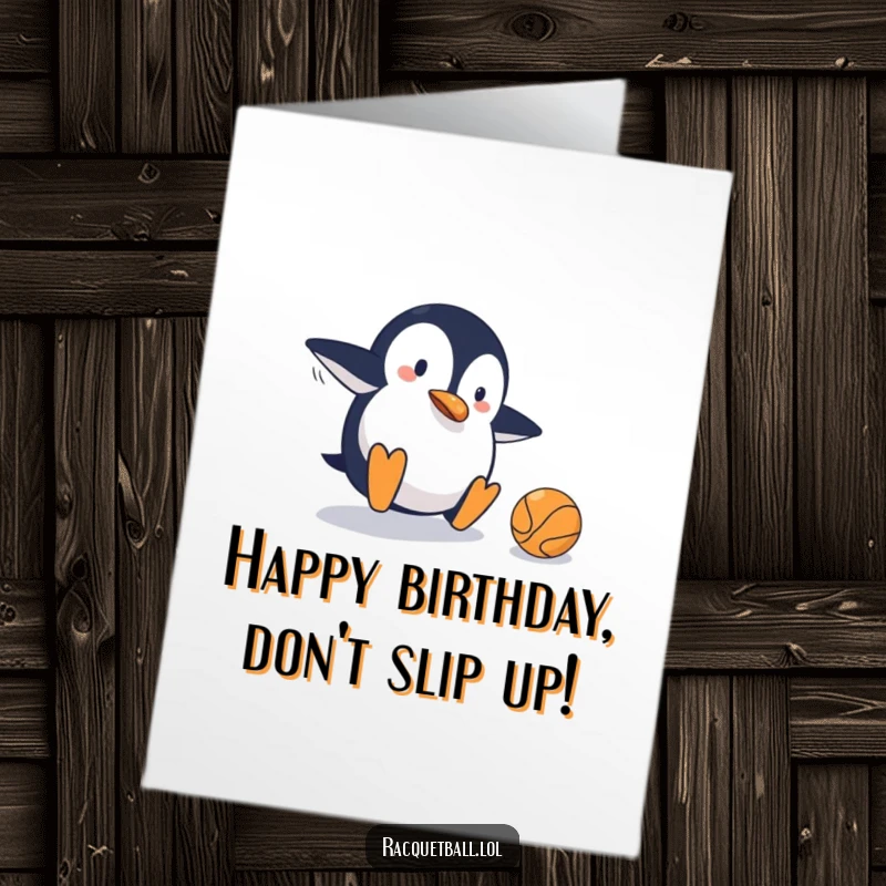 Funny Free Printable Birthday Card: A clumsy penguin slides on a court, comically just missing the tennis ball.