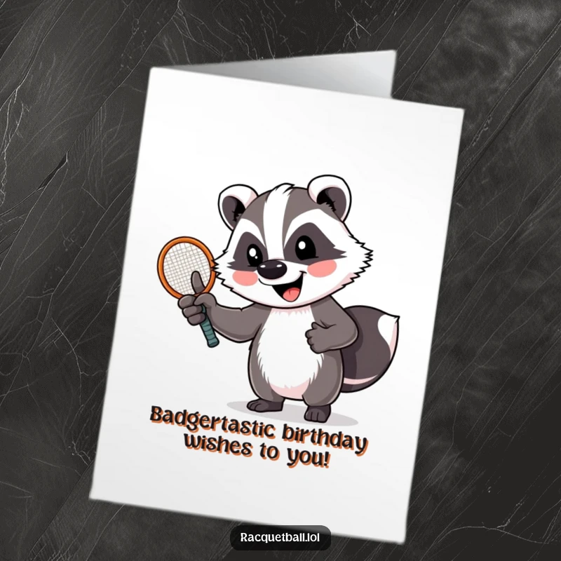 Funny Free Printable Birthday Card: Cheerful badger with racquet, giving a big thumbs up. Ready for a sporty celebration.