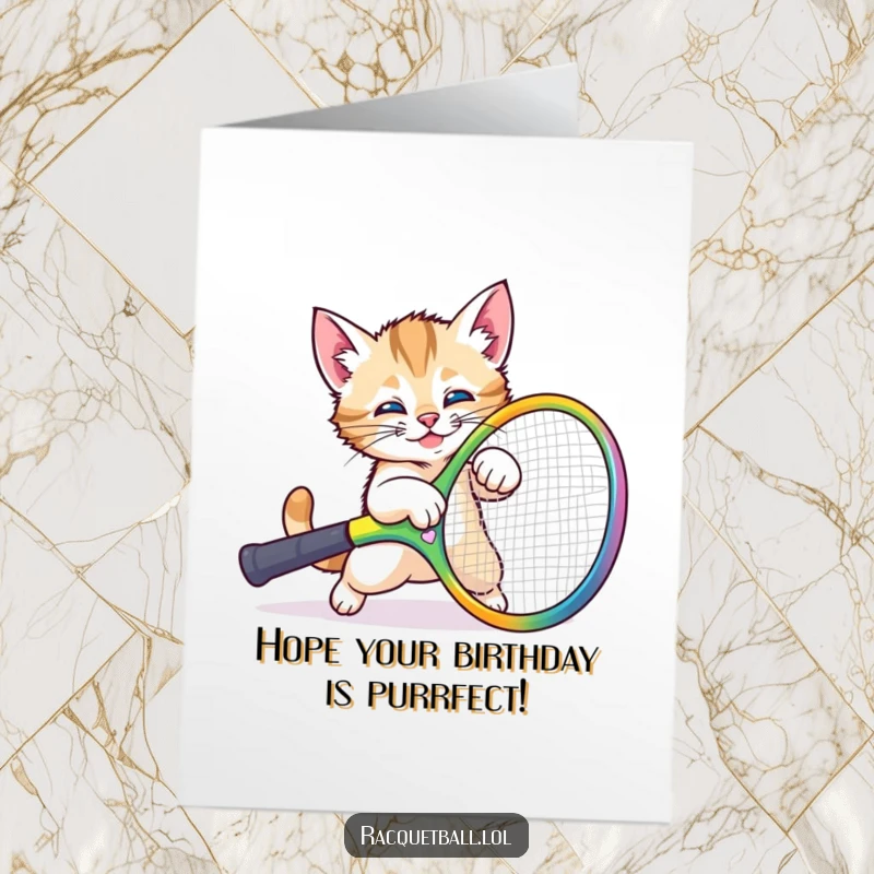 Funny Free Printable Birthday Card: A playful kitten comically trips over a giant colorful tennis racquet, mid-tumble with wide eyes.