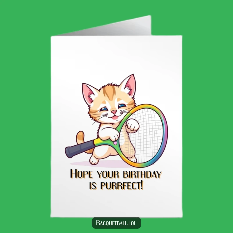 Free Printable Birthday Card: Funny Tripping Kitten - Hilarious Racquet Mishap - Downloadable Gift