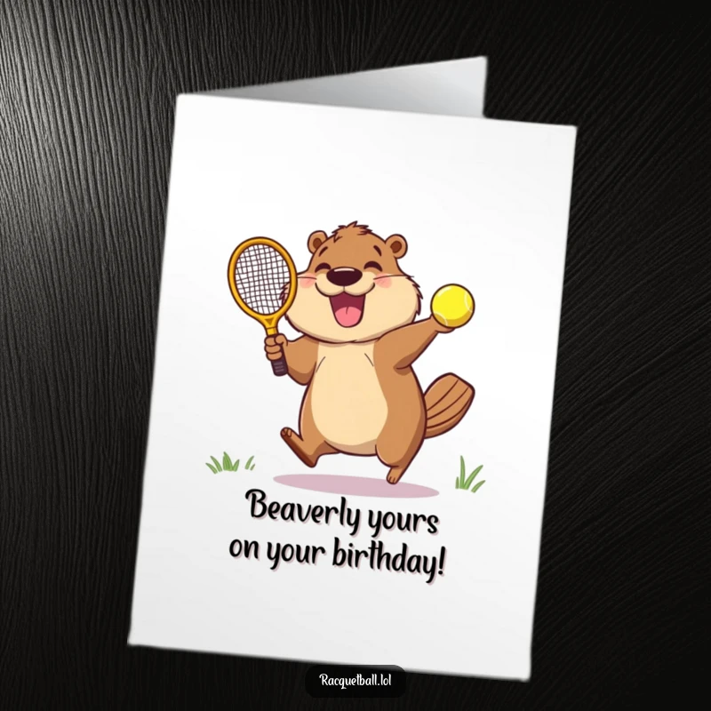 Funny Free Printable Birthday Card featuring a joyful beaver mid-air, enthusiastically smashing a racquetball with a racket.