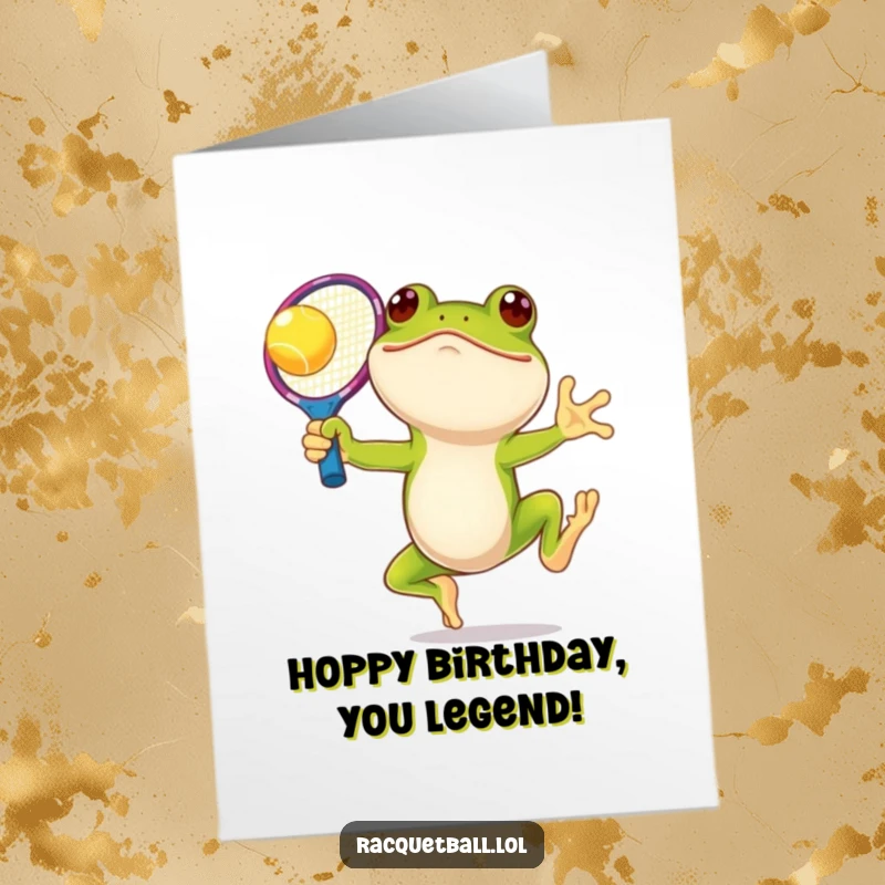 Funny Free Printable Birthday Card: A smiling frog leaps high to hit a ball with an oversized colorful racquet.