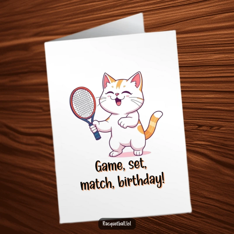 Funny Free Printable Birthday Card: Excited cat intensely shaking a racquetboard with pure joy, ready for your party.