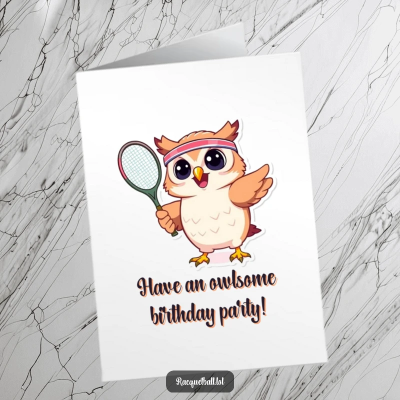 Funny Free Printable Birthday Card: A happy owl with a headband swings a tennis racquet with great enthusiasm.