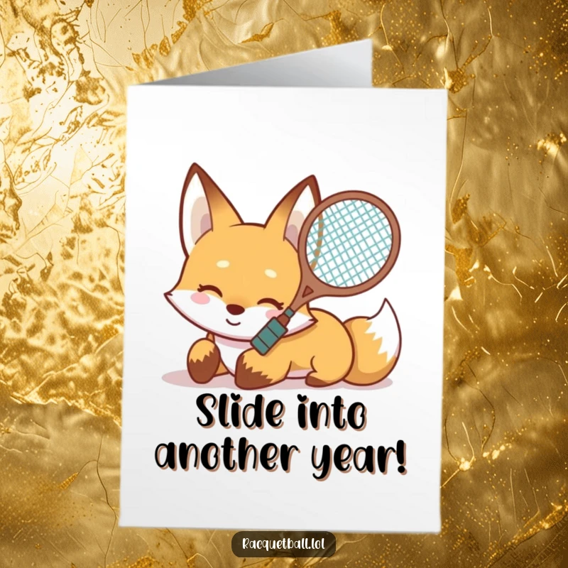 Funny Free Printable Birthday Card: Smiling fox sliding on its belly with a racquet ready, a smooth move.