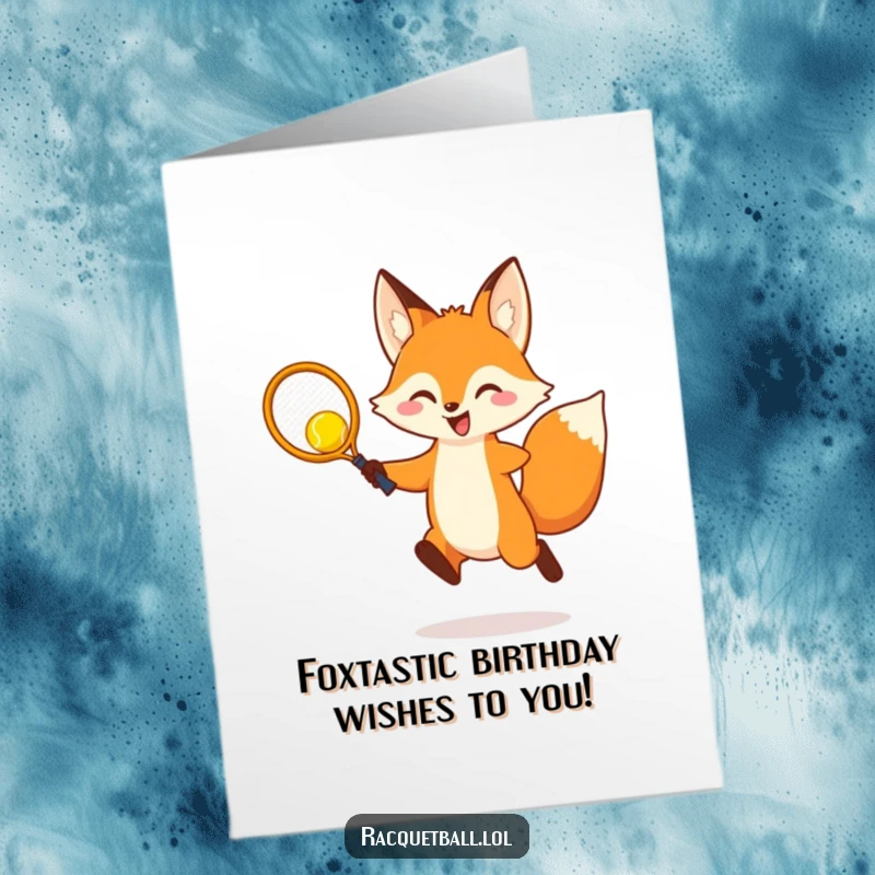 Funny Free Printable Birthday Card: Cheerful fox leaping high to hit a bright yellow ball with a tiny racquet, ready for celebration.