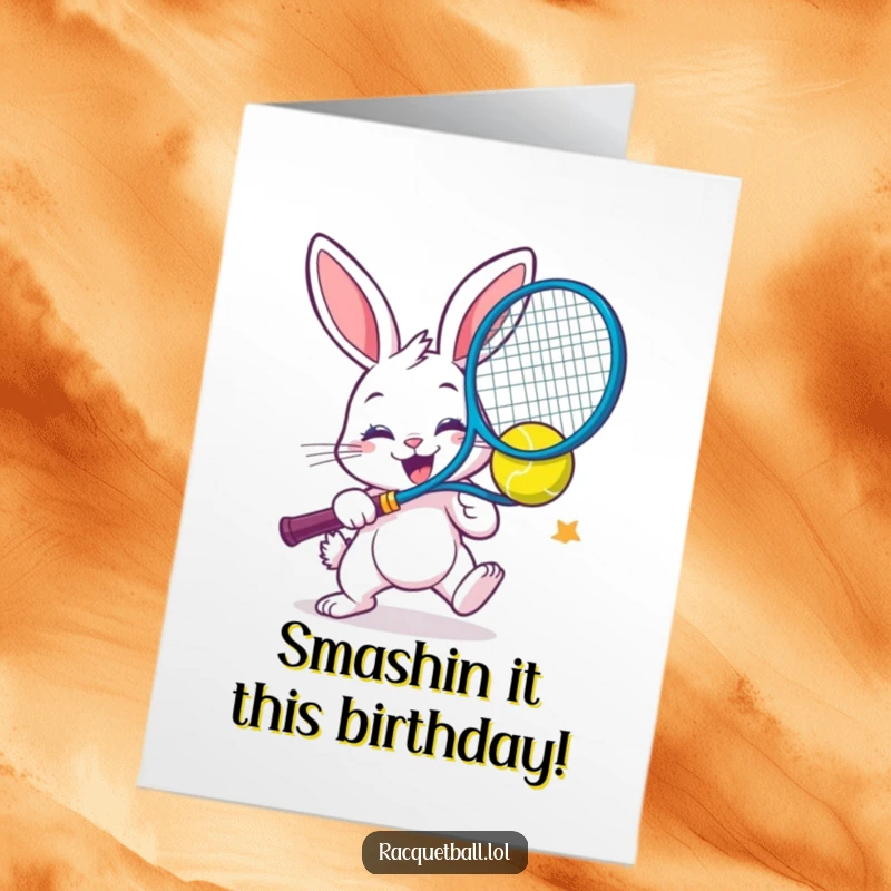 Funny Free Printable Birthday Card: Cheerful bunny enthusiastically smashes a colorful racquetball, celebrating their birthday.