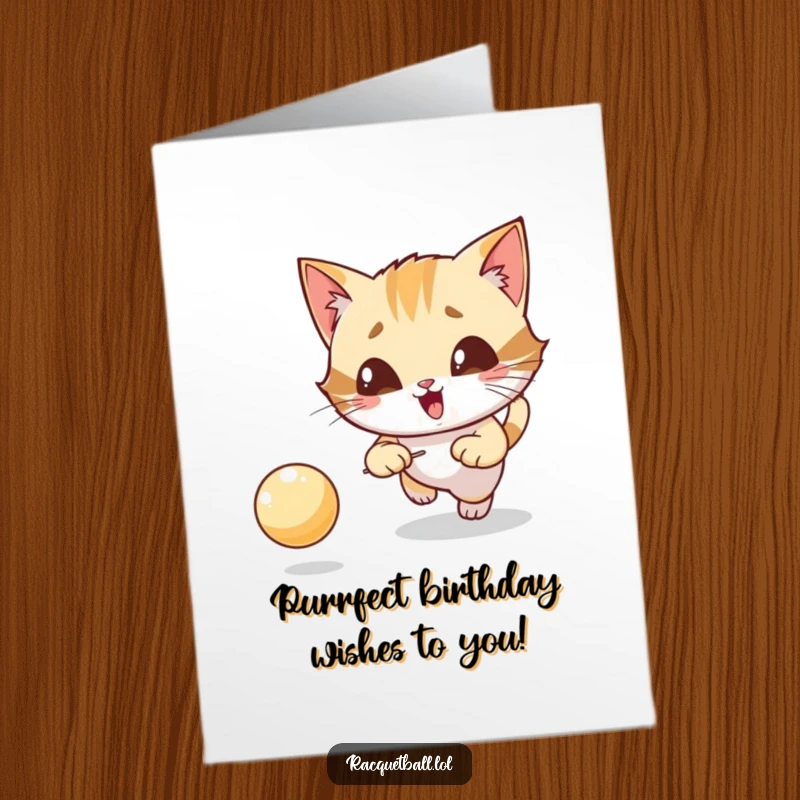 Funny Free Printable Birthday Card: Giggling cat character intensely focused on chasing a bouncing ball, ready for birthday fun.