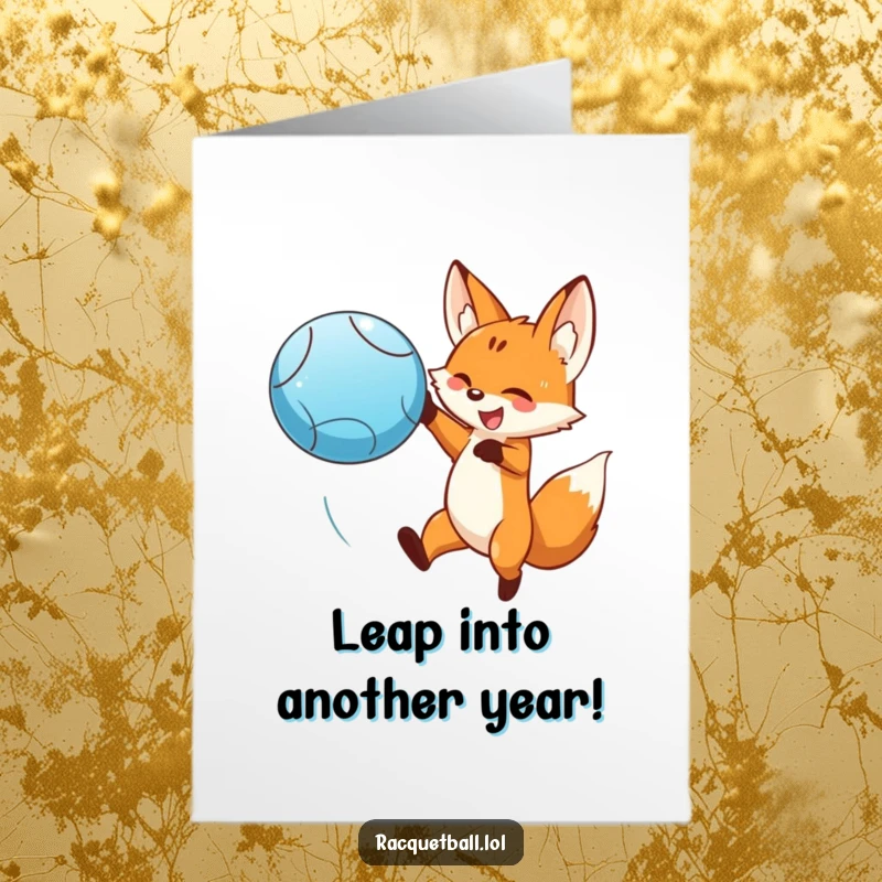 Funny Free Printable Birthday Card: A smiling fox leaps dramatically to hit a bright blue ball, celebrating your birthday in style.