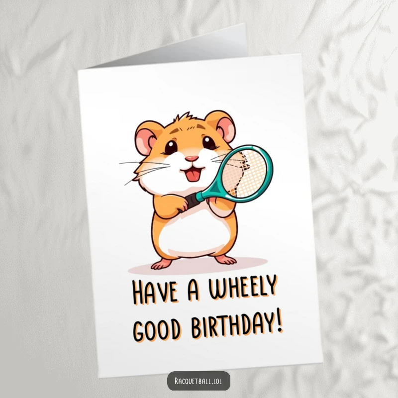 Funny Free Printable Birthday Card: Determined hamster athlete swinging a tiny tennis racquet with intense focus, ready to celebrate.