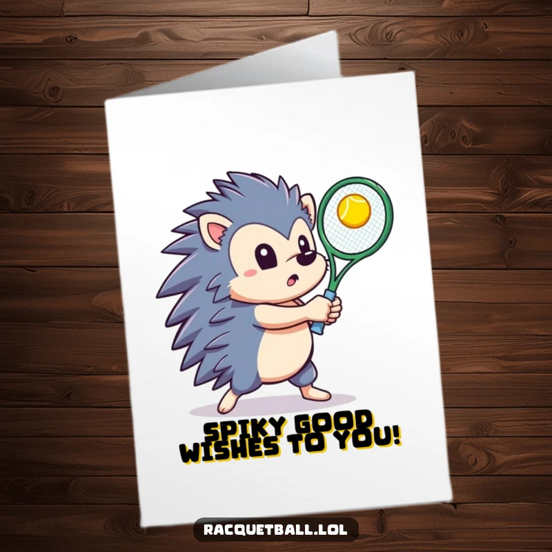 Funny Free Printable Hedgehog Birthday Card: Determined hedgehog swings racquet, hitting ball upwards for birthday fun.