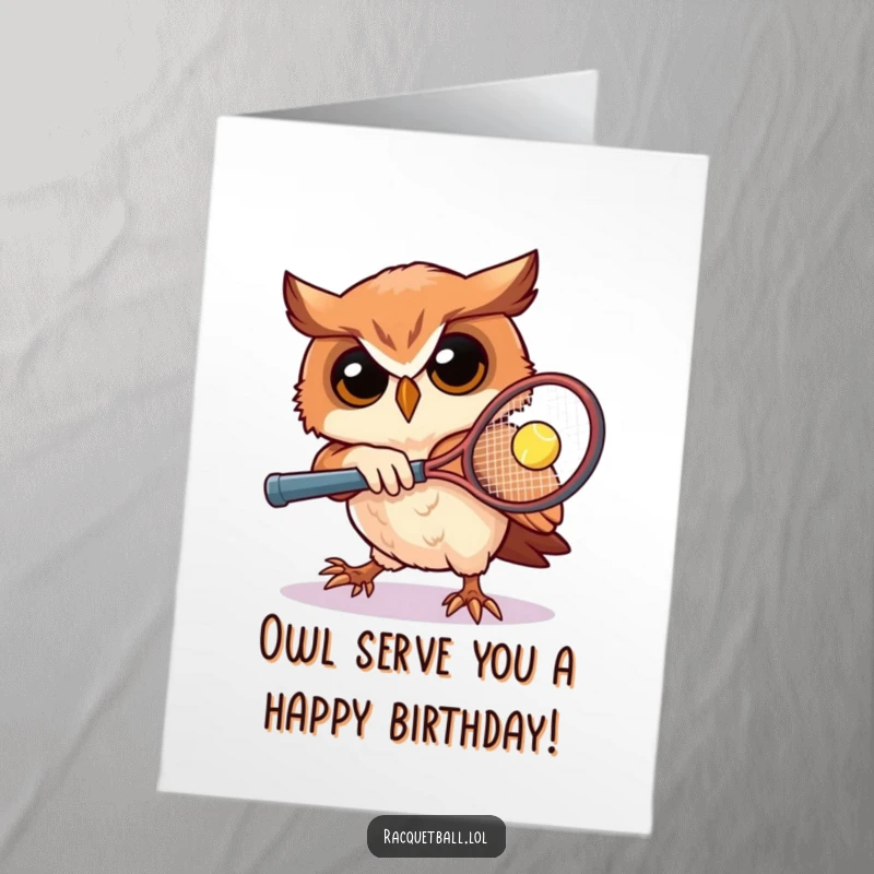 Funny Free Printable Owl Racquetball Birthday Card, a determined owl playing a fast-paced game, celebrating a victorious birthday.