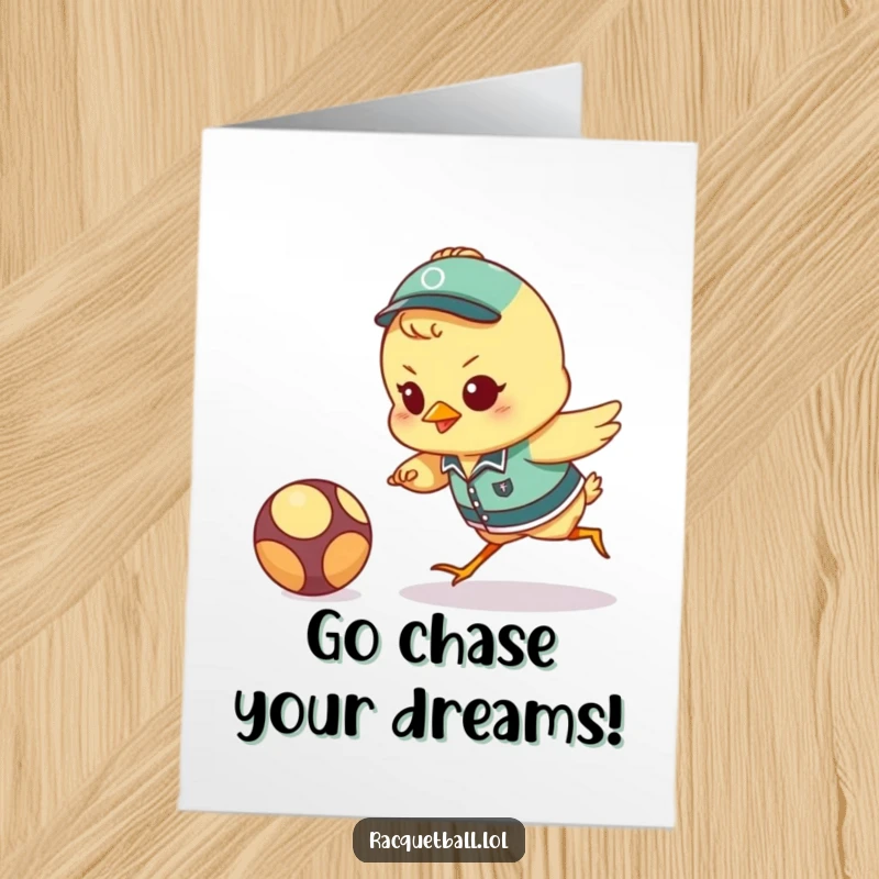 Funny Free Printable Birthday Card featuring a determined chick in a tiny uniform, lunging for a bouncing ball, ready to score.
